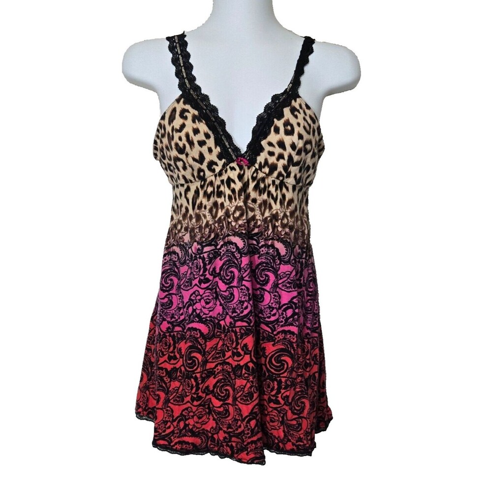 La Senza Babydoll Lingerie Dress Womens Medium Leopard Animal Print Floral Lace